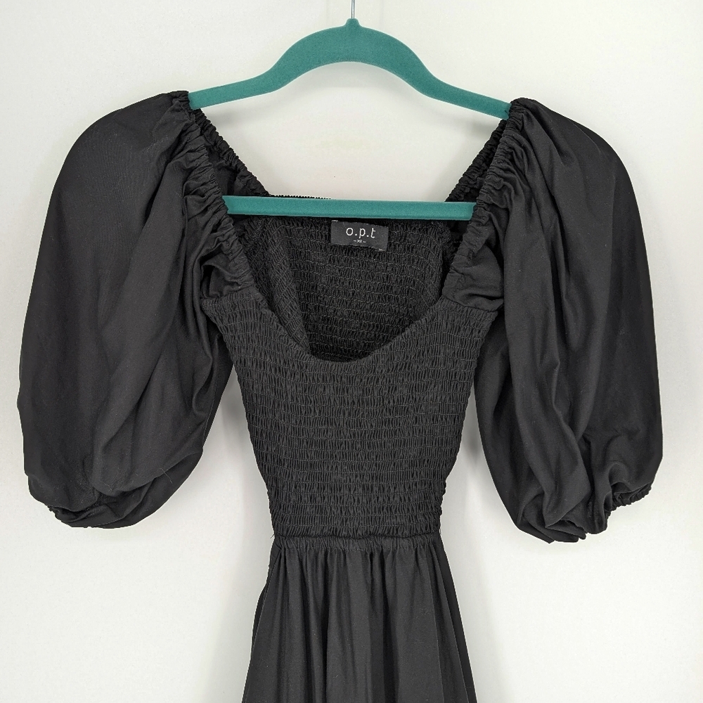 O.P.T. Leighton Black Puff Sleeve Smocked Cutout Midi Dress Tencel Flax XS - Picture 4 of 9